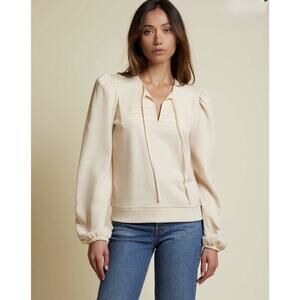 Nation LTD Bonnie Bibbed Sweatshirt Women L White Chocolate Puff Sleeves Preppy